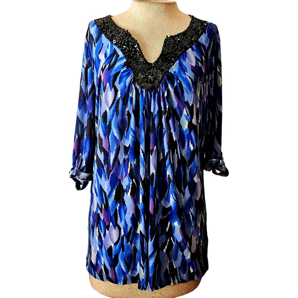 Blue Embellished Neckline Blouse Size XL